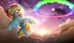 Size: 2048x1195 | Tagged: safe, artist:jadebreeze115, derpibooru import, rainbow dash, pegasus, pony, background, cloud, female, flying, image, jpeg, mare, solo, sonic rainboom, spread wings, sunset, wings