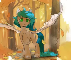 Size: 1410x1200 | Tagged: safe, artist:laymy, derpibooru import, oc, oc:pearly lime, unofficial characters only, bat pony, pony, autumn, bat pony oc, bat wings, image, leaves, path, png, solo, tree, wings