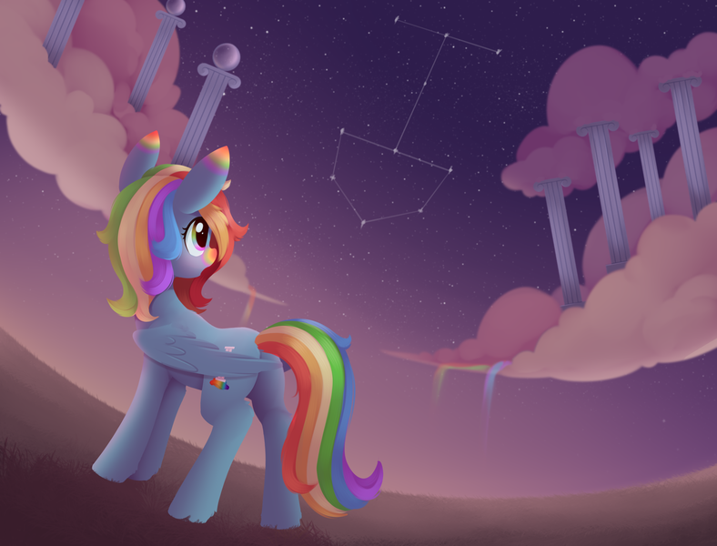 Size: 2484x1892 | Tagged: safe, alternate version, artist:dusthiel, derpibooru import, oc, oc:rainbow palette, unofficial characters only, pegasus, pony, g4, cloud, column, commission, constellation, female, full body, image, looking at something, looking in the distance, mare, multicolored hair, night, night sky, not rainbow dash, open mouth, outdoors, pegasus oc, png, rainbow hair, rainbow waterfall, sky, solo, spade, standing, starry sky, stars, tail, wings