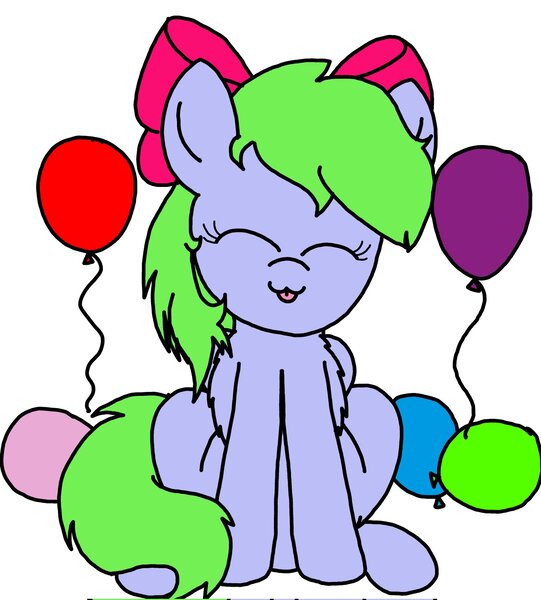 Size: 1848x2048 | Tagged: safe, artist:professorventurer, derpibooru import, oc, oc:fancy confetti, unofficial characters only, pegasus, :3, balloon, blue coat, bow, chest fluff, colored, eyelashes, eyes closed, flat colors, green mane, green tail, hair bow, image, jpeg, pegasus oc, pink bow, sitting, smiling, tail, tongue out, wings