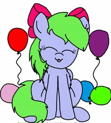 Size: 1848x2048 | Tagged: safe, artist:professorventurer, derpibooru import, oc, oc:fancy confetti, unofficial characters only, pegasus, :3, balloon, blue coat, bow, chest fluff, colored, eyelashes, eyes closed, flat colors, green mane, green tail, hair bow, image, jpeg, pegasus oc, pink bow, sitting, smiling, tail, tongue out, wings