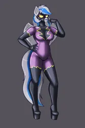 Size: 1567x2351 | Tagged: safe, alternate version, artist:creatorworld, derpibooru import, oc, oc:lady lightning strike, unofficial characters only, anthro, pegasus, bodysuit, boots, breasts, clothes, costume, female, female oc, gloves, goggles, gray background, gray coat, hand on hip, high heel boots, hips, image, latex, latex mask, lips, lipstick, pegasus oc, pegasus wings, png, purple lipstick, shadowbolts costume, shoes, simple background, skintight clothes, solo, tail, thighs, two toned hair, two toned tail, wings