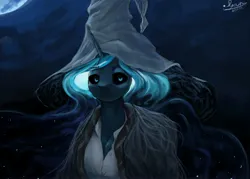 Size: 4096x2932 | Tagged: safe, artist:ryanmandraws, derpibooru import, princess luna, alicorn, anthro, breasts, cleavage, clothes, digital painting, elden ring, ethereal mane, female, hat, image, jpeg, moon, night, solo, solo female, witch hat