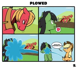 Size: 1600x1400 | Tagged: safe, artist:sefastpone, derpibooru import, applejack, big macintosh, oc, oc:anon stallion, earth pony, pony, comic, dialogue, faggot, female, field, gay, hat, hose, image, male, mare, outdoors, plow, png, sefast's anon, shipping denied, slur, speech bubble, splash, stallion, vulgar, water