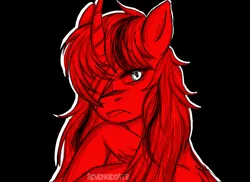 Size: 1923x1400 | Tagged: oc name needed, safe, artist:revenge.cats, derpibooru import, oc, unofficial characters only, pony, unicorn, bandage, bandaged eye, black backgrund, derpibooru exclusive, eye clipping through hair, glow, glowing eyes, hoof under chin, horn, image, limited palette, long mane, one eyed, outline, png, solo, tongue out, unicorn oc, watermark, white eyes