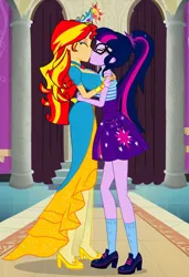 Size: 832x1216 | Tagged: suggestive, derpibooru import, sci-twi, sunset shimmer, twilight sparkle, equestria girls, g4, big breasts, breasts, busty sunset shimmer, female, image, jpeg, kiss on the lips, kissing, lesbian, ship:sci-twishimmer, shipping, sunsetsparkle
