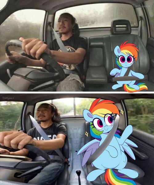 Size: 2500x3000 | Tagged: safe, artist:darkynez, derpibooru import, rainbow dash, human, pegasus, pony, g4, 2 panel comic, car, comic, duo, female, filly, filly rainbow dash, foal, image, jpeg, male, mare, partially open wings, seatbelt, sparkles, wings, younger