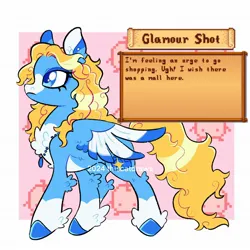 Size: 2048x2048 | Tagged: safe, artist:thiscatdraws, derpibooru import, part of a set, ponified, pegasus, pony, blaze (coat marking), blonde mane, blonde tail, blue coat, blue eyes, blue eyeshadow, blue hooves, blue pupils, blue wingtips, brown text, chest fluff, coat markings, colored chest fluff, colored eartips, colored hooves, colored pinnae, colored pupils, colored wings, colored wingtips, curly mane, curly tail, ear fluff, eyelashes, eyeshadow, facial markings, female, fetlock tuft, frown, haley (stardew valley), hock fluff, hooves, image, jewelry, jpeg, junimo (stardew valley), long mane, long tail, looking up, makeup, mare, necklace, partially open wings, profile, shiny mane, shiny tail, socks (coat marking), solo, standing, stardew valley, tail, text box, three toned ears, three toned wings, two toned wingtips, watermark, wavy mane, wavy tail, wing fluff, wings