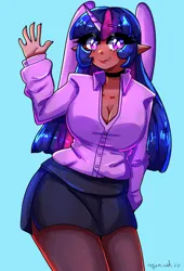 Size: 2550x3750 | Tagged: safe, artist:mylittleyuri, derpibooru import, twilight sparkle, human, g4, breasts, busty twilight sparkle, cleavage, clothes, dark skin, eye clipping through hair, eyebrows, eyebrows visible through hair, high res, horn, horned humanization, humanized, image, light blue background, looking at you, pantyhose, png, signature, simple background, skirt, smiling, smiling at you, solo, waving, waving at you, winged humanization, wings