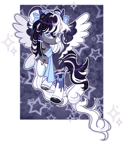 Size: 2760x3136 | Tagged: safe, artist:lavender-bases, derpibooru import, oc, oc:oreo cream, pegasus, pony, clothes, colored wings, female, horns, image, mare, png, scarf, socks, solo, two toned wings, wings