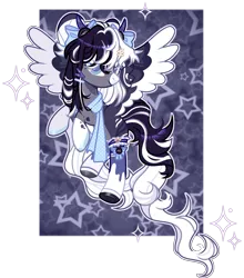 Size: 2760x3136 | Tagged: safe, artist:lavender-bases, derpibooru import, oc, oc:oreo cream, pegasus, pony, clothes, colored wings, female, horns, image, mare, png, scarf, socks, solo, two toned wings, wings