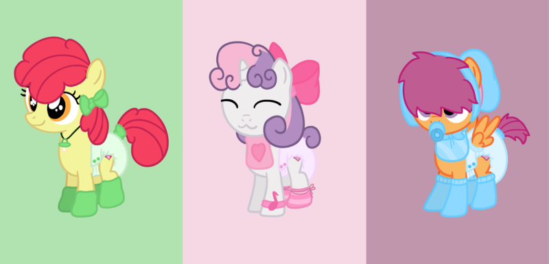 Size: 2213x1067 | Tagged: safe, artist:snowflakepone, derpibooru import, apple bloom, scootaloo, sweetie belle, earth pony, pegasus, pony, unicorn, abdl, bib, bonnet, booties, bow, covering eyes, cutie mark, cutie mark crusaders, diaper, eyes closed, female, females only, filly, foal, hair bow, horn, image, messy mane, non-baby in diaper, pacifier, png, simple background, trio, wide eyes