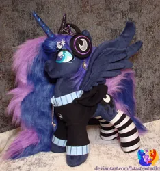 Size: 2161x2304 | Tagged: safe, artist:1stastrastudio, derpibooru import, princess luna, pony, clothes, headphones, hoodie, image, irl, jpeg, photo, plushie, socks, solo, striped socks