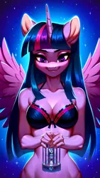 Size: 1280x2272 | Tagged: suggestive, ai content, derpibooru import, machine learning generated, stable diffusion, trixie, twilight sparkle, twilight sparkle (alicorn), alicorn, anthro, unicorn, g4, black bra, black panties, black underwear, bra, cage, clothes, dominant, female, femdom, femsub, generator:pony diffusion v6 xl, horn, image, micro, panties, pet play, png, purple bra, shrunk, size difference, smuglight sparkle, stripsie, submissive, sultry pose, tattoo, the weak and powerless trixie, tiny, tongue out, trixsub, twidom, underwear, womb tattoo