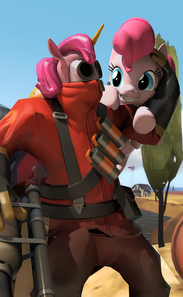 Size: 1067x1726 | Tagged: safe, artist:xafilah, derpibooru import, pinkie pie, earth pony, human, pony, g4, /mlp/ tf2 general, 2fort, 3d, female, flamethrower, gmod, image, magical mercenary, mare, png, pyro (tf2), source filmmaker, team fortress 2, weapon