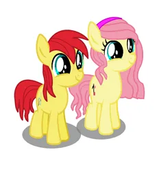 Size: 1101x1185 | Tagged: safe, artist:marbowsta, derpibooru import, oc, oc:apple cider, oc:apple song, unofficial characters only, earth pony, pony, base used, brother and sister, colt, duo, earth pony oc, female, filly, foal, image, male, offspring, parent:big macintosh, parent:fluttershy, parents:fluttermac, pink mane, png, red mane, siblings, simple background, smiling, white background, yellow coat