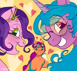 Size: 2048x1888 | Tagged: safe, artist:calaphort, derpibooru import, izzy moonbow, pipp petals, sunny starscout, earth pony, pegasus, pony, unicorn, g5, abstract background, blushing, female, glasses, goggles, heart, horn, image, jpeg, lesbian, looking at you, mare, polyamory, ship:moonpetals, ship:moonscout, ship:petalscout, shipping, trio, trio female