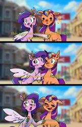 Size: 1000x1540 | Tagged: safe, artist:themagicbrew, derpibooru import, pipp petals, sunny starscout, earth pony, pegasus, pony, g5, 3 panel comic, beady eyes, cheek to cheek, comic, dialogue, duo, duo female, female, hoof around neck, image, mane stripe sunny, mare, maretime bay, nervous sweat, png, spider-man: into the spider-verse