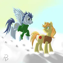 Size: 2000x2000 | Tagged: safe, artist:ruberphoenix, derpibooru import, braeburn, soarin', earth pony, pegasus, pony, clothes, duo, duo male, flying, hoofprints, image, jpeg, male, snow, spread wings, stallion, sweater, wings