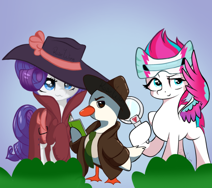 Size: 1970x1740 | Tagged: safe, artist:flutterbug18, derpibooru import, rarity, zipp storm, bird, duck, pegasus, unicorn, g4, g5, clothes, detective, detective rarity, detective zipp, fedora, hat, horn, image, magnifying glass, png, trenchcoat