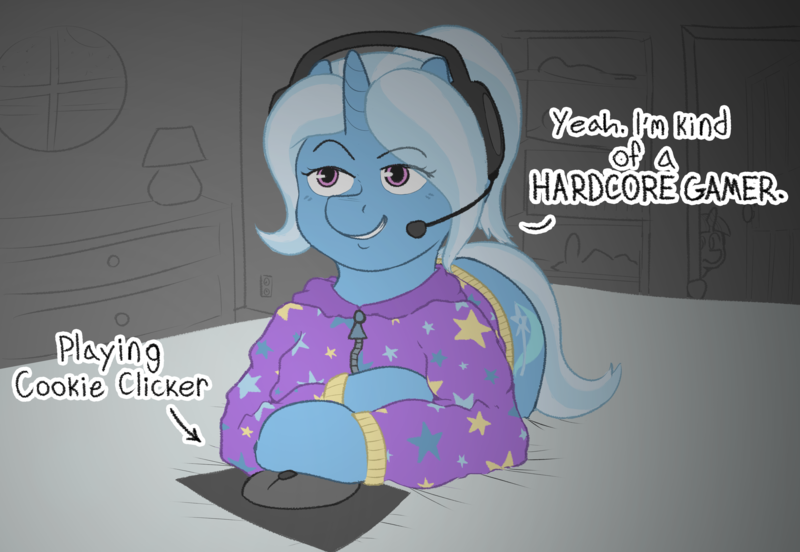 Size: 5792x4000 | Tagged: safe, artist:pencilfriend, derpibooru import, trixie, twilight sparkle, mouse, pony, unicorn, abstract background, alternate hairstyle, babysitter trixie, bed, clothes, cookie clicker, cutie mark, dark, dark room, dialogue, gameloft, gamer, gamer trixie, gaming, gaming headset, hair, headset, hoodie, horn, image, lying down, microphone, mousepad, my little pony: magic princess, png, stars, tail