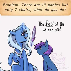 Size: 2166x2166 | Tagged: safe, artist:overlordneon, derpibooru import, trixie, oc, oc:glam rock, pegasus, pony, g4, ask, dialogue, duo, female, foal, hand mirror, image, jewelry, jpeg, levitation, magic, magical lesbian spawn, magical threesome spawn, mare, mascara, mascara brush, mother and child, multiple parents, necklace, offspring, open mouth, parent:maud pie, parent:starlight glimmer, parent:trixie, parents:starmauxie, simple background, telekinesis, text, tumblr, white background