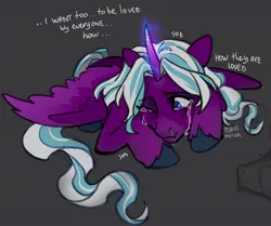 Size: 1767x1480 | Tagged: safe, artist:peachmichea, derpibooru import, alicorn, pony, g5, crying, dialogue, female, filly, filly opaline arcana, horn, image, jealous, jpeg, lying down, one eye closed, opaline arcana, prone, sad, signature, sobbing, solo, spread wings, tail, unshorn fetlocks, wings, younger