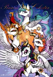 Size: 1856x2674 | Tagged: safe, artist:叶荫, derpibooru import, idw, daybreaker, nightmare star, princess celestia, g4, reflections, spoiler:comic, empress celestia, evil celestia, evil counterpart, image, jpeg, mane of fire, mirror universe