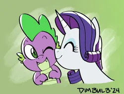 Size: 989x751 | Tagged: safe, artist:dimbulb, derpibooru import, rarity, spike, dragon, pony, unicorn, cute, duo, duo male and female, eyes closed, female, horn, image, kiss on the cheek, kissing, male, platonic kiss, png, shipping, simple background, smiling, sparity, straight