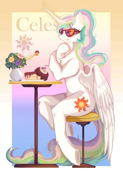 Size: 1856x2572 | Tagged: safe, artist:叶荫, derpibooru import, princess celestia, alicorn, semi-anthro, g4, anatomically incorrect, cake, cake slice, coconut, flower, food, image, incorrect leg anatomy, jpeg, rose, sitlestia, sitting, solo, sunglasses