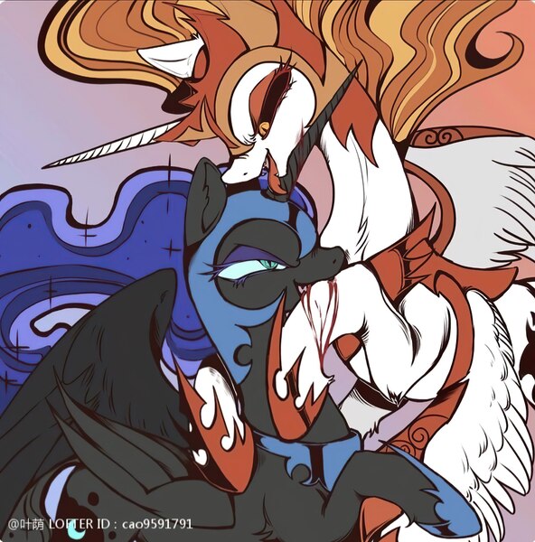 Size: 1864x1888 | Tagged: safe, artist:叶荫, derpibooru import, daybreaker, nightmare moon, princess celestia, princess luna, alicorn, g4, biting, blood, evil grin, female, fight, grin, image, incest, jpeg, lesbian, licking, mane of fire, royal sisters, ship:evil princest, shipping, siblings, sisters, smiling, tongue out