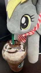 Size: 900x1600 | Tagged: safe, artist:sundzy, derpibooru import, derpy hooves, clothes, image, jpeg, photo, plushie, scarf, starbucks