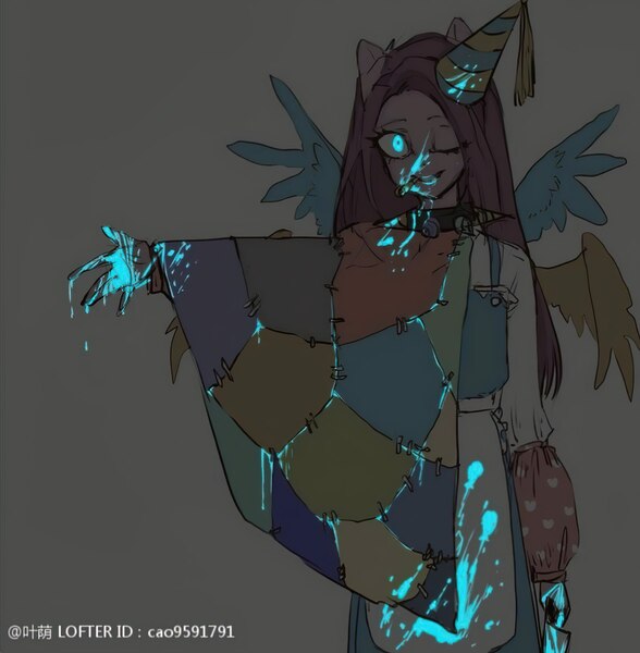 Size: 1822x1860 | Tagged: semi-grimdark, derpibooru import, pinkamena diane pie, pinkie pie, fanfic:cupcakes, equestria girls, body parts, clothes, creepy, dress, female, horn, horn necklace, image, implied murder, jewelry, jpeg, multiple wings, necklace, simple background, solo, tongue out, wings