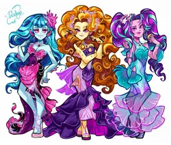 Size: 2048x1737 | Tagged: safe, artist:libbly_libby, derpibooru import, adagio dazzle, aria blaze, sonata dusk, human, hybrid, siren, equestria girls, g4, breasts, cleavage, clothes, commission, dress, ear fins, fangs, female, fins, high heels, image, jpeg, looking at you, ruffles, scales, shoes, simple background, smiling, smiling at you, the dazzlings, trio, trio female, webbed fingers, white background