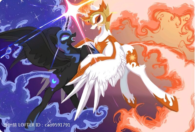 Size: 1890x1288 | Tagged: safe, artist:叶荫, derpibooru import, daybreaker, nightmare moon, alicorn, g4, crossed horns, duel, fight, horn, horns are touching, image, jpeg, looking at each other, looking at someone, mane of fire