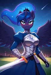 Size: 832x1216 | Tagged: safe, ai content, derpibooru import, generator:civitai, machine learning generated, prompter:shajoe, stable diffusion, princess luna, alicorn, anthro, pony, gamer luna, artoria pendragon, clothes, cosplay, costume, excalibur, fate/stay night, generator:pony diffusion v6 xl, image, jpeg, sword, weapon