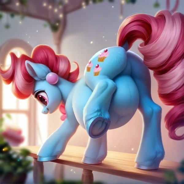 Size: 1024x1024 | Tagged: safe, ai content, derpibooru import, machine learning assisted, machine learning generated, prompter:jaguarcalamitydejv, cup cake, earth pony, pony, g4, belly, big belly, bush, butt, butt fluff, dock, ear fluff, female, image, jpeg, mare, plot, raised hoof, solo, standing, standing on table, table, tail, underhoof, window