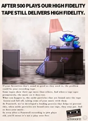 Size: 1812x2500 | Tagged: safe, artist:chaosmauser, derpibooru import, oc, oc:proffy floyd, ponified, unofficial characters only, bat pony, hybrid, pegasus, pony, advertisement, chair, compact cassette, hybrid oc, image, jpeg, male, pegabat, sitting, speaker, stallion, sunglasses