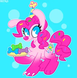 Size: 827x831 | Tagged: safe, artist:beetalz, derpibooru import, pinkie pie, dog, blue background, dog treat, dogified, hat, image, open mouth, open smile, party hat, png, puppy pie, simple background, smiling, solo, species swap, tongue out