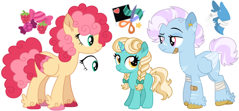 Size: 5140x2396 | Tagged: safe, derpibooru import, oc, oc:pirouette, oc:raspberry taffy, oc:scrap, unofficial characters only, pegasus, pony, unicorn, braid, colored wings, female, filly, foal, horn, image, mare, multicolored wings, png, simple background, transparent background, wings