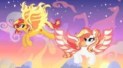 Size: 1280x707 | Tagged: safe, artist:velveagicsentryyt, derpibooru import, sunset shimmer, oc, alicorn, pony, g4, alicornified, backwards cutie mark, colored wings, duo, duo female, female, fiery wings, flying, image, mother and child, mother and daughter, offspring, parent:fire streak, parent:sunset shimmer, parents:sunsetstreak, png, race swap, shimmercorn, spread wings, two toned wings, wings