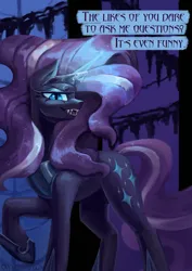 Size: 2480x3508 | Tagged: safe, alternate version, artist:anastas, derpibooru import, part of a set, nightmare rarity, pony, unicorn, series:ask nightmare rarity, g4, ask, comic, cover art, cyrillic, english, ethereal mane, eyeshadow, fangs, female, horn, image, jewelry, looking at you, magic, magic aura, makeup, mare, mlp art ask (ru), nightmarified, open mouth, png, regalia, russian, simple background, slit pupils, solo, speech bubble, starry mane, sternocleidomastoid, text, translation