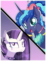 Size: 3100x4100 | Tagged: safe, artist:xinjinjumin800506872725, derpibooru import, princess celestia, princess luna, alicorn, pony, 80s princess luna, bust, collar, ear piercing, earring, female, frown, goth, gradient background, image, jewelry, mare, open mouth, open smile, piercing, png, punklestia, royal sisters, siblings, sisters, smiling, spiked collar