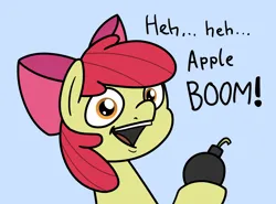 Size: 2047x1512 | Tagged: safe, artist:ewoudcponies, derpibooru import, apple bloom, earth pony, pony, apple bloom's bow, apple boom, bomb, bow, bust, female, filly, foal, hair bow, image, jpeg, light blue background, open mouth, open smile, portrait, pun, simple background, smiling, solo, text, weapon