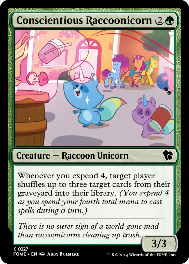 Size: 375x523 | Tagged: safe, artist:abby bulmer, derpibooru import, edit, idw, hitch trailblazer, sunny starscout, earth pony, raccoon, snail, unicorn, g5, apple core, can, ccg, horn, image, magic, magic the gathering, maretime bay, maretime mysteries #2, misty brightdawn, my little pony: maretime mysteries, pegasnail, png, raccoonicorn, telekinesis, trading card, trading card edit, trading card game, trash can