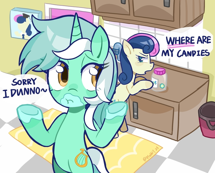 Size: 2192x1761 | Tagged: safe, artist:rlabbiy, derpibooru import, bon bon, lyra heartstrings, sweetie drops, earth pony, pony, unicorn, bin, bipedal, blatant lies, candy, female, food, horn, image, jar, jpeg, kitchen, l.u.l.s., mare, open mouth, rug, shrug, text