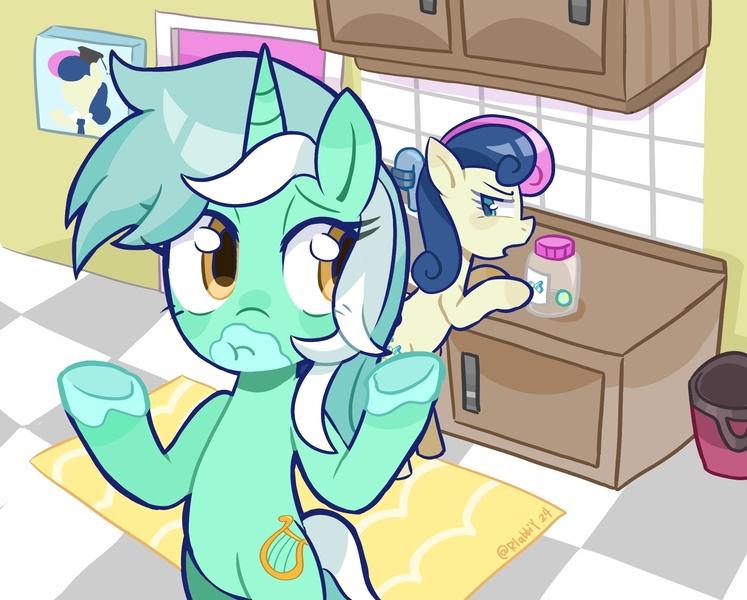 Size: 2192x1761 | Tagged: safe, alternate version, artist:rlabbiy, derpibooru import, bon bon, lyra heartstrings, sweetie drops, earth pony, pony, unicorn, bin, candy, female, food, horn, image, jar, jpeg, kitchen, mare, open mouth, rug, shrug, textless, textless version