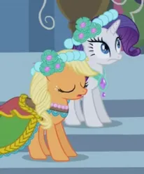 Size: 468x568 | Tagged: safe, derpibooru import, screencap, applejack, rarity, earth pony, pony, unicorn, a canterlot wedding, g4, alternate hairstyle, bridesmaid, bridesmaid dress, bridesmaids, canterlot, canterlot castle, clothes, cropped, dress, eyes closed, female, floral head wreath, flower, flower in hair, gown, horn, image, jpeg, mare, royal wedding, shocked, stairs, surprised