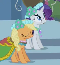 Size: 495x536 | Tagged: safe, derpibooru import, screencap, applejack, rarity, earth pony, pony, unicorn, a canterlot wedding, g4, alternate hairstyle, bridesmaid, bridesmaid dress, bridesmaids, canterlot, canterlot castle, clothes, cropped, dress, eyes closed, female, floral head wreath, flower, flower in hair, gown, horn, image, jpeg, mare, royal wedding, shocked, stairs, surprised