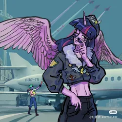 Size: 1080x1080 | Tagged: safe, artist:fa89802, derpibooru import, spike, twilight sparkle, anthro, human, plantigrade anthro, g4, testing testing 1-2-3, airport, ancient wonderbolts uniform, aviator sunglasses, badge, bomber jacket, clothes, human spike, humanized, image, jacket, jet, jet fighter, jpeg, midriff, plane, red little book source, spread wings, sunglasses, uniform, wings